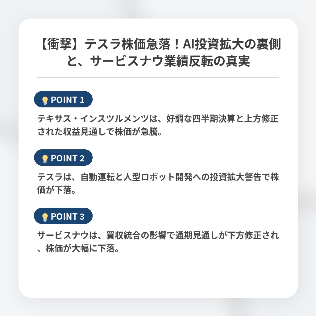 【衝撃】テスラ株価急落！AI投資拡大の裏側と、サービスナウ業績反転の真実の注目ポイントまとめ