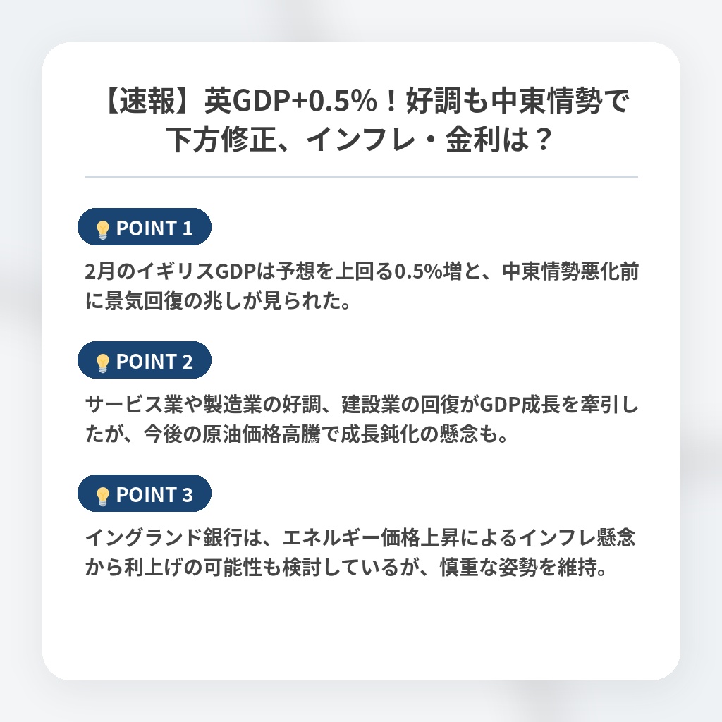 【速報】英GDP+0.5%！好調も中東情勢で下方修正、インフレ・金利は？の注目ポイントまとめ