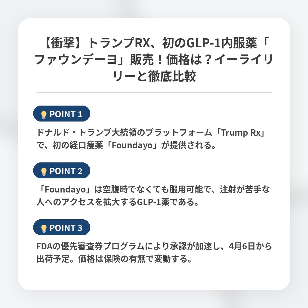 【衝撃】トランプRX、初のGLP-1内服薬「ファウンデーヨ」販売！価格は？イーライリリーと徹底比較の注目ポイントまとめ
