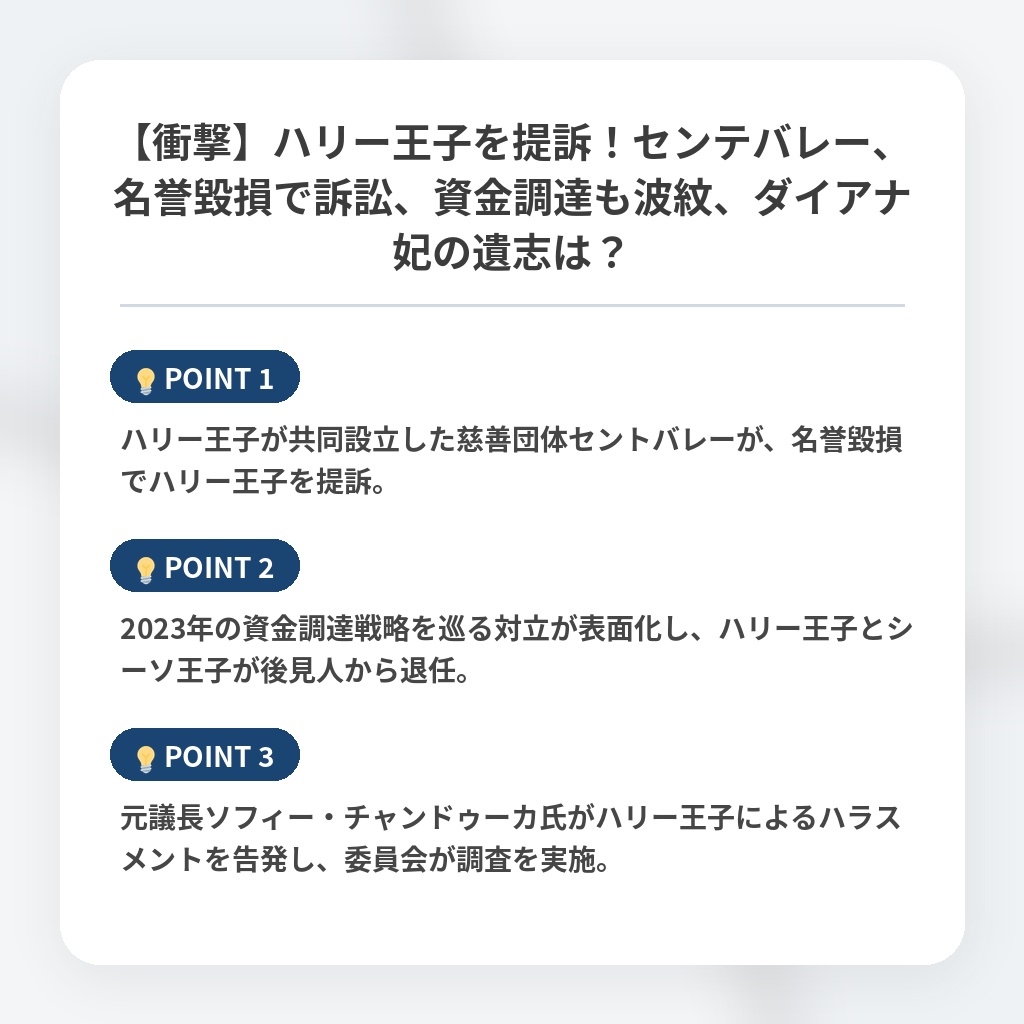 【衝撃】ハリー王子を提訴!センテバレー、名誉毀損で訴訟、資金調達も波紋、ダイアナ妃の遺志は?の注目ポイントまとめ