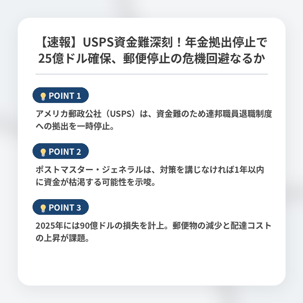 【速報】USPS資金難深刻！年金拠出停止で25億ドル確保、郵便停止の危機回避なるかの注目ポイントまとめ