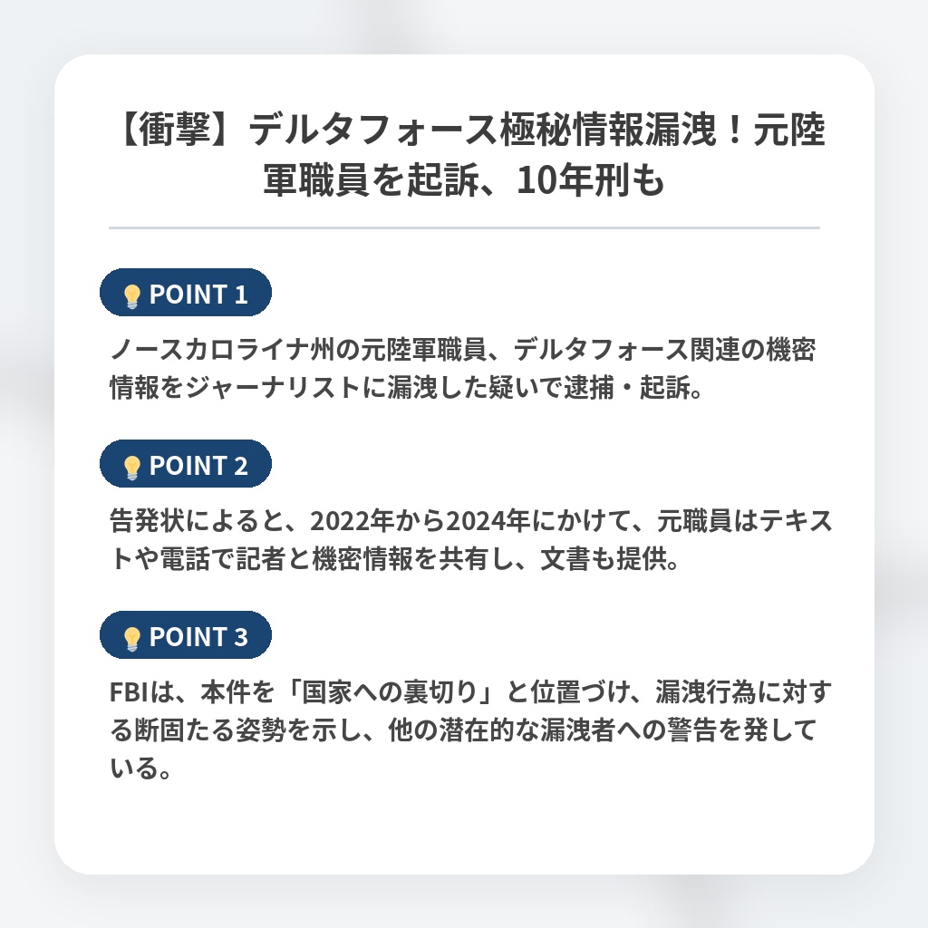 【衝撃】デルタフォース極秘情報漏洩!元陸軍職員を起訴、10年刑もの注目ポイントまとめ