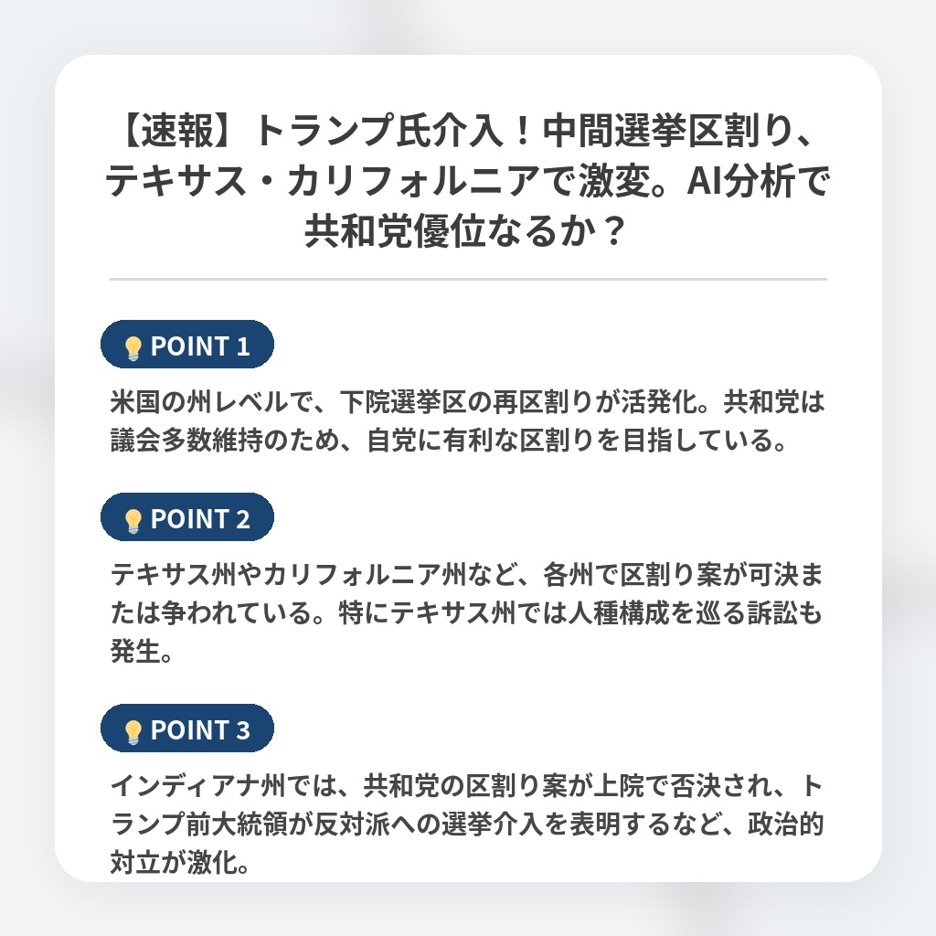 【速報】トランプ氏介入！中間選挙区割り、テキサス・カリフォルニアで激変。AI分析で共和党優位なるか？の注目ポイントまとめ