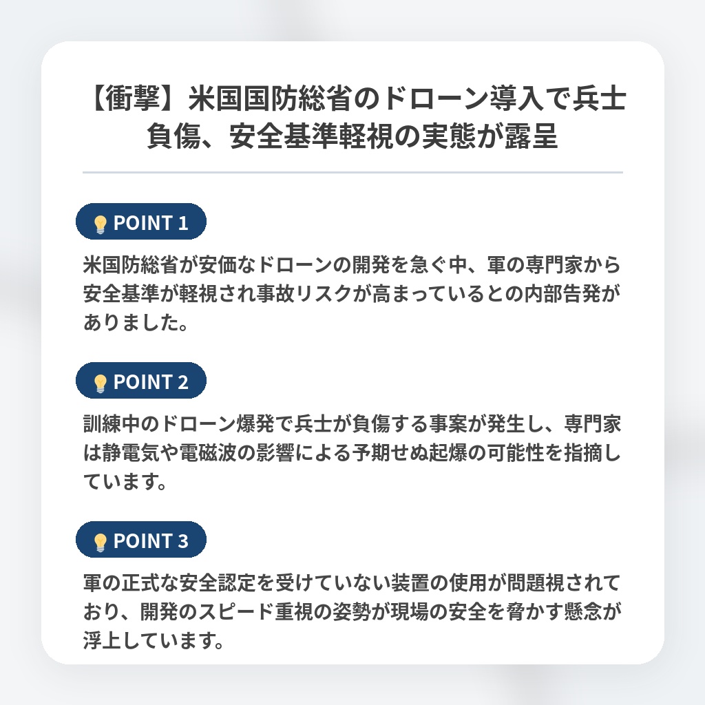 【衝撃】米国国防総省のドローン導入で兵士負傷、安全基準軽視の実態が露呈の注目ポイントまとめ