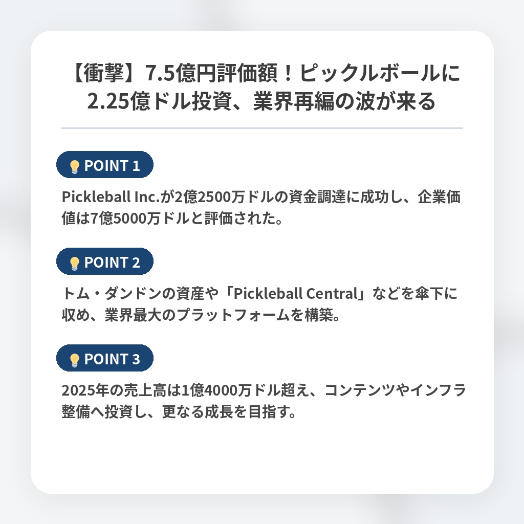 【衝撃】7.5億円評価額！ピックルボールに2.25億ドル投資、業界再編の波が来るの注目ポイントまとめ