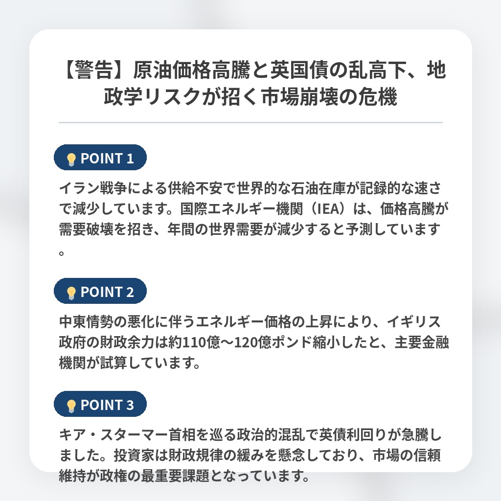 【警告】原油価格高騰と英国債の乱高下、地政学リスクが招く市場崩壊の危機の注目ポイントまとめ