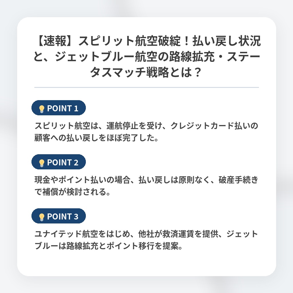 【速報】スピリット航空破綻！払い戻し状況と、ジェットブルー航空の路線拡充・ステータスマッチ戦略とは？の注目ポイントまとめ