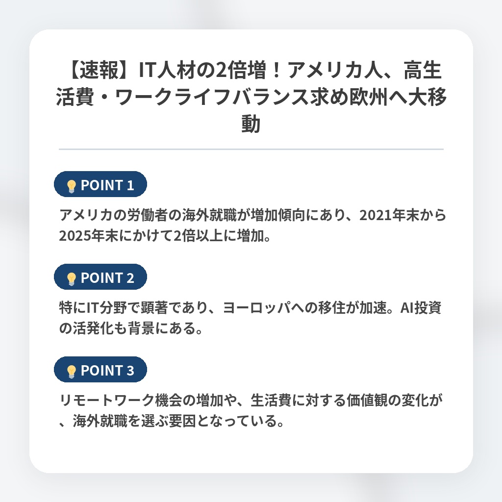 【速報】IT人材の2倍増！アメリカ人、高生活費・ワークライフバランス求め欧州へ大移動の注目ポイントまとめ