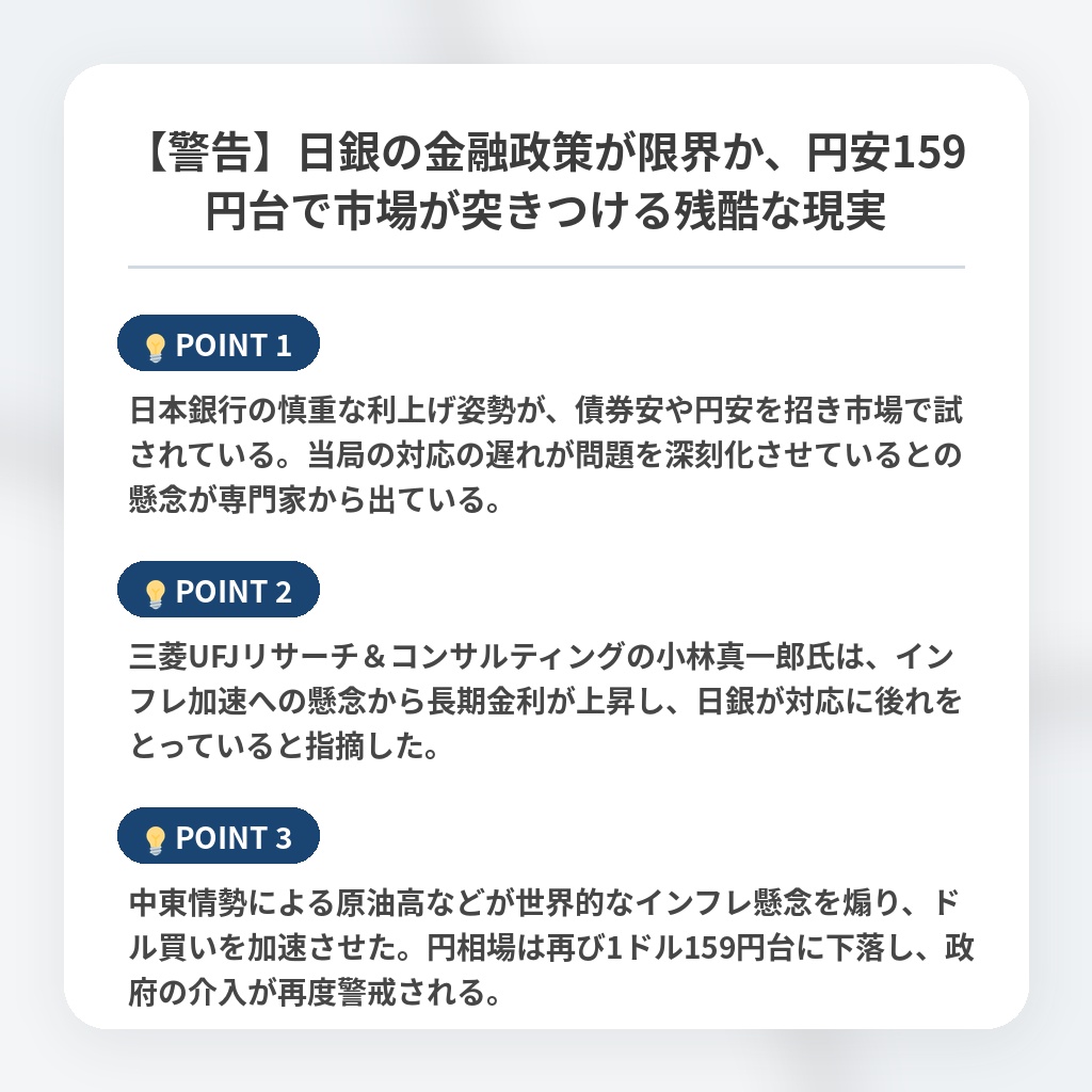 【警告】日銀の金融政策が限界か、円安159円台で市場が突きつける残酷な現実の注目ポイントまとめ