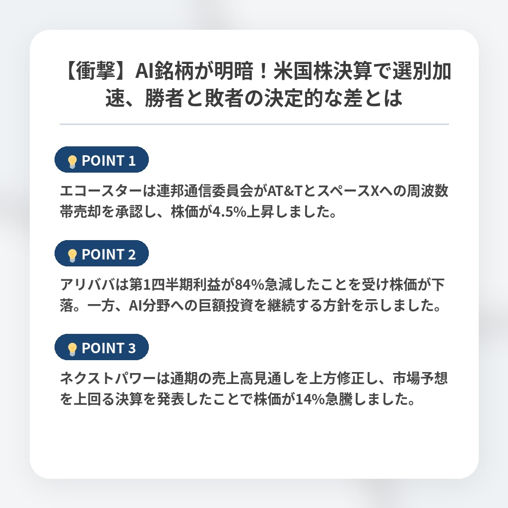 【衝撃】AI銘柄が明暗！米国株決算で選別加速、勝者と敗者の決定的な差とはの注目ポイントまとめ