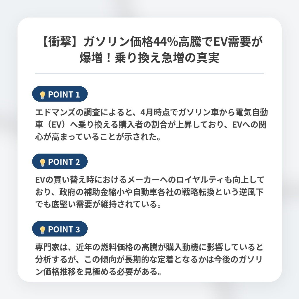 【衝撃】ガソリン価格44%高騰でEV需要が爆増！乗り換え急増の真実の注目ポイントまとめ
