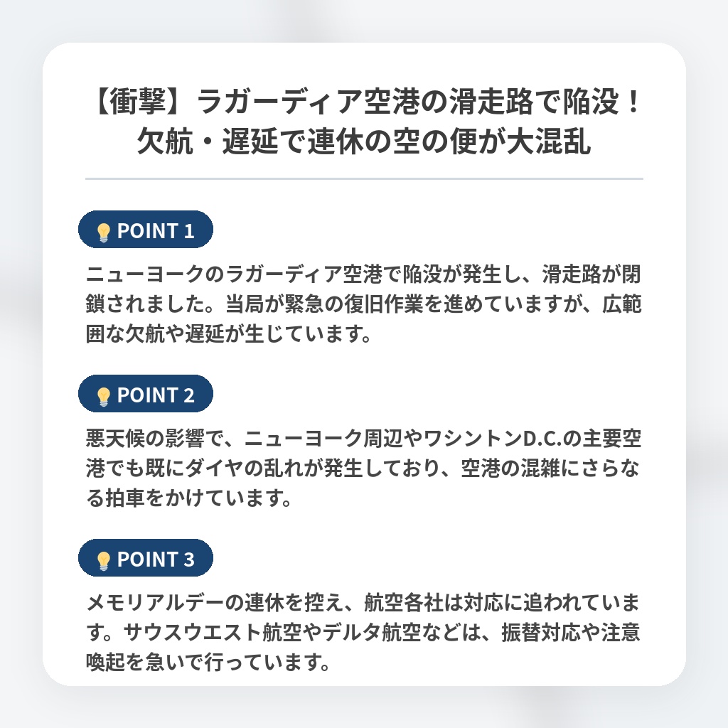 【衝撃】ラガーディア空港の滑走路で陥没！欠航・遅延で連休の空の便が大混乱の注目ポイントまとめ