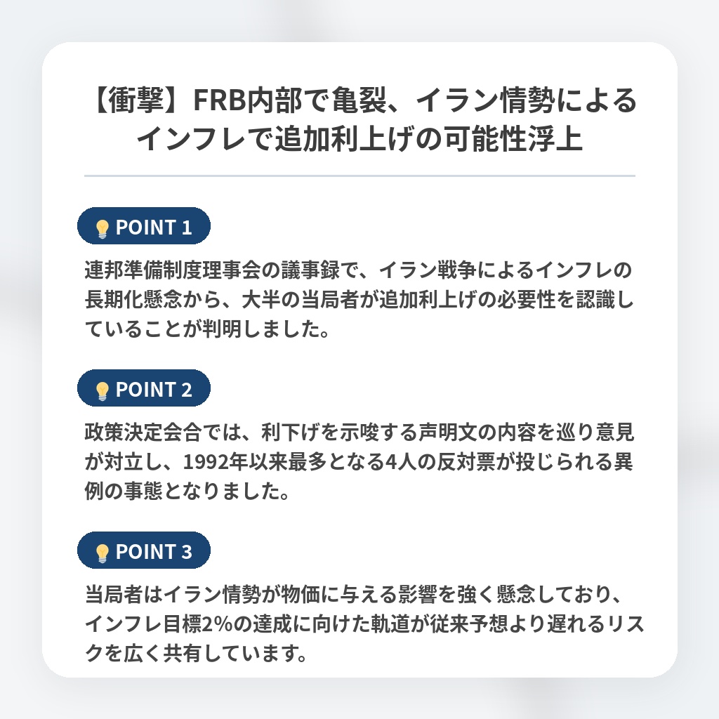 【衝撃】FRB内部で亀裂、イラン情勢によるインフレで追加利上げの可能性浮上の注目ポイントまとめ