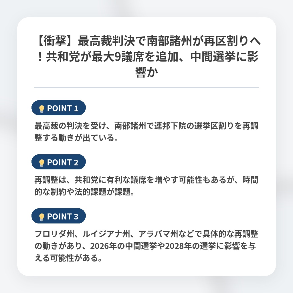 【衝撃】最高裁判決で南部諸州が再区割りへ！共和党が最大9議席を追加、中間選挙に影響かの注目ポイントまとめ