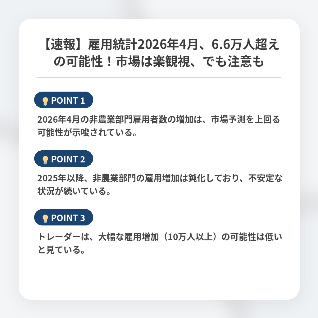 【速報】雇用統計2026年4月、6.6万人超えの可能性！市場は楽観視、でも注意もの注目ポイントまとめ