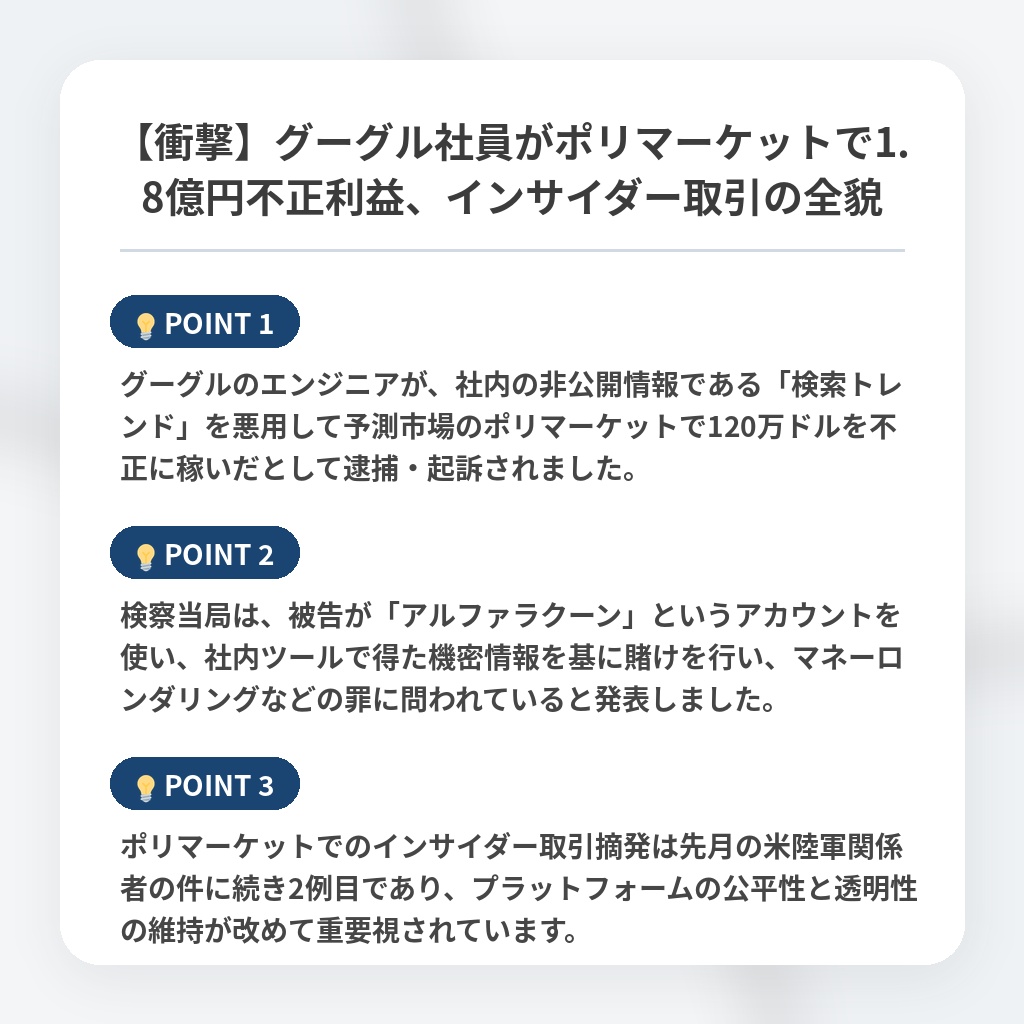 【衝撃】グーグル社員がポリマーケットで1.8億円不正利益、インサイダー取引の全貌の注目ポイントまとめ