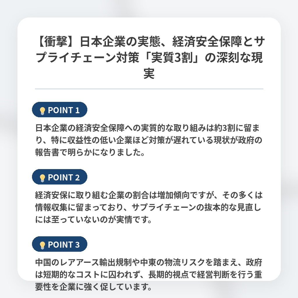 【衝撃】日本企業の実態、経済安全保障とサプライチェーン対策「実質3割」の深刻な現実の注目ポイントまとめ