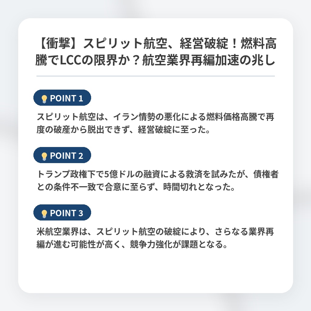 【衝撃】スピリット航空、経営破綻！燃料高騰でLCCの限界か？航空業界再編加速の兆しの注目ポイントまとめ