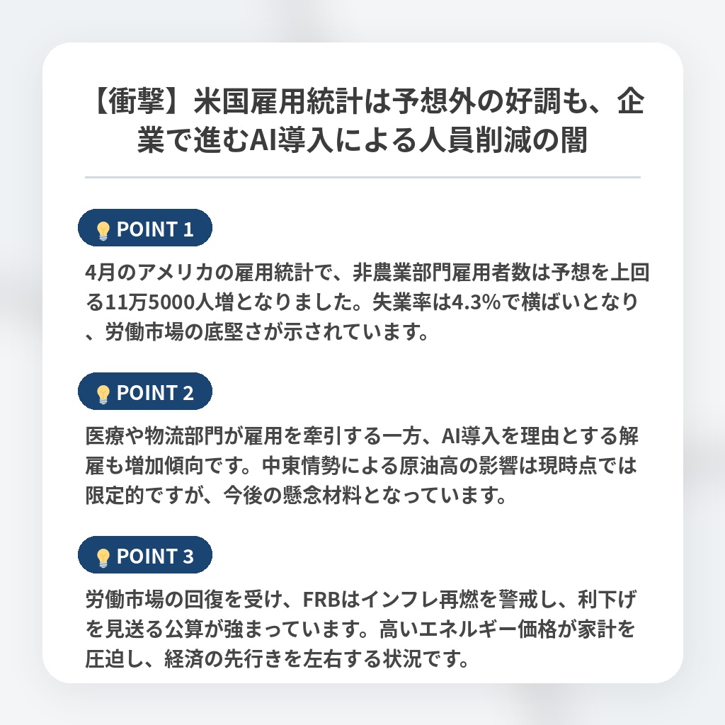 【衝撃】米国雇用統計は予想外の好調も、企業で進むAI導入による人員削減の闇の注目ポイントまとめ