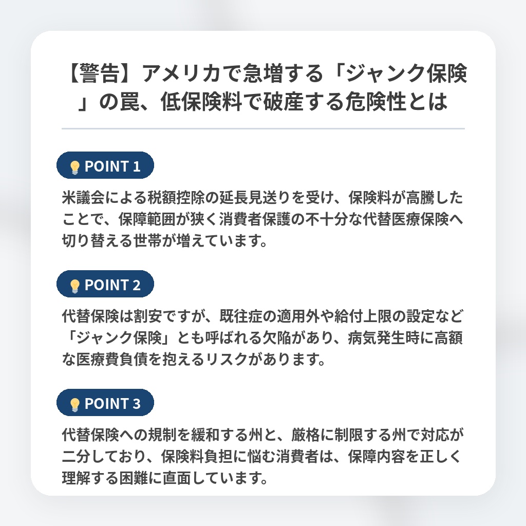 【警告】アメリカで急増する「ジャンク保険」の罠、低保険料で破産する危険性とはの注目ポイントまとめ