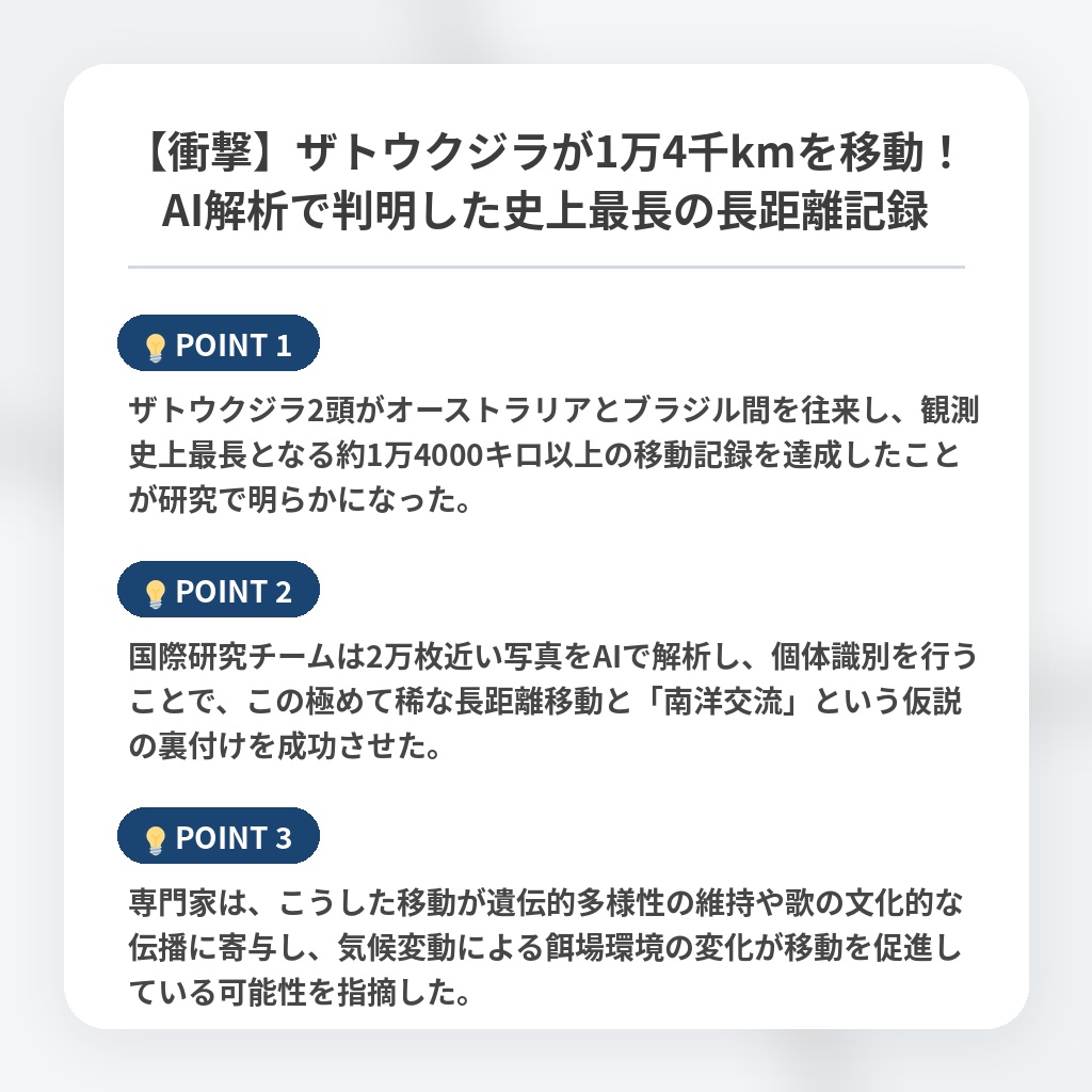 【衝撃】ザトウクジラが1万4千kmを移動！AI解析で判明した史上最長の長距離記録の注目ポイントまとめ
