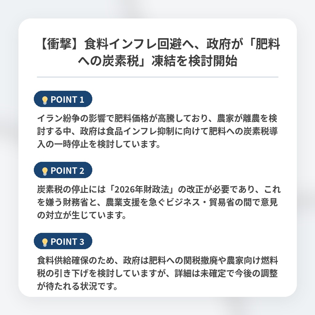 【衝撃】食料インフレ回避へ、政府が「肥料への炭素税」凍結を検討開始の注目ポイントまとめ
