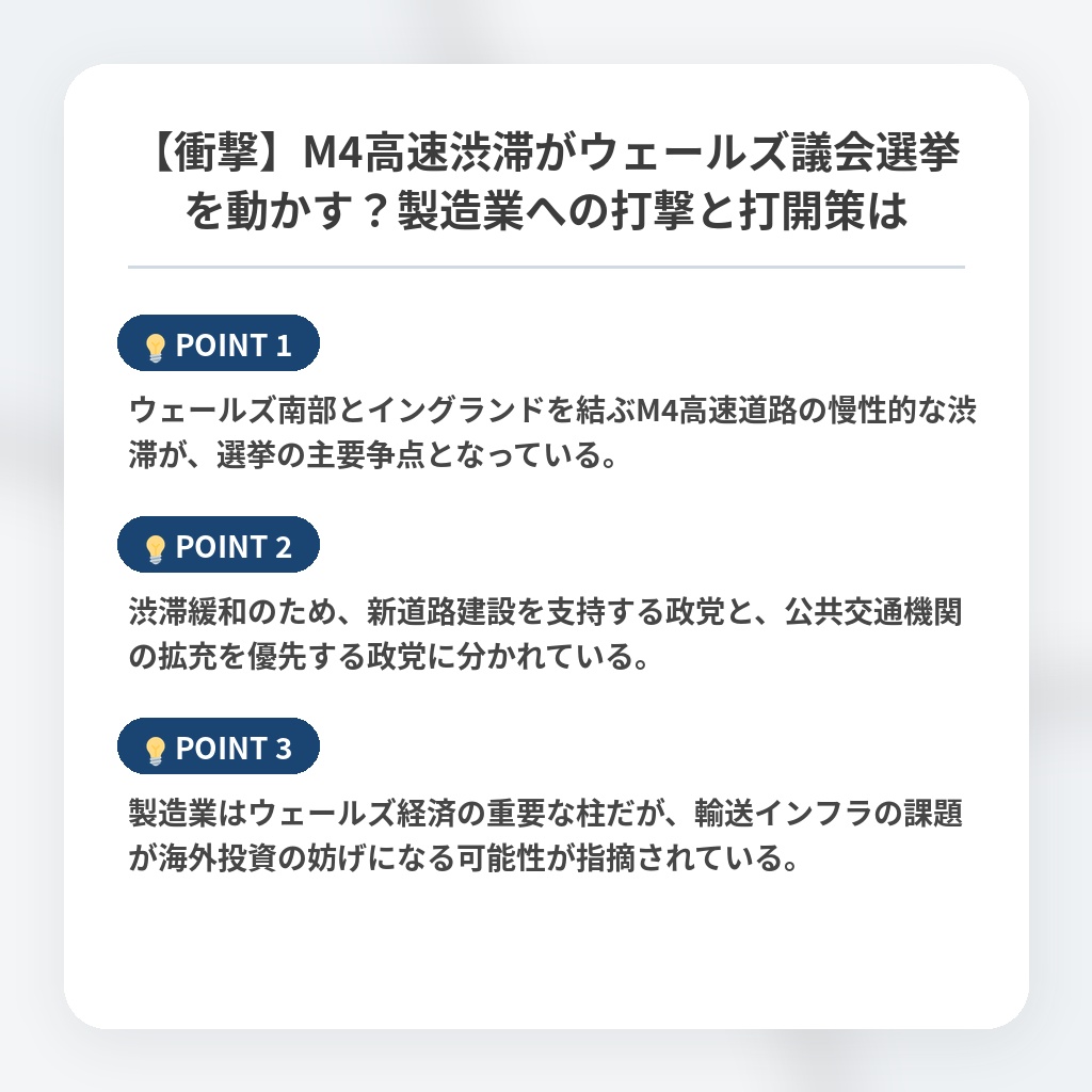 【衝撃】M4高速渋滞がウェールズ議会選挙を動かす？製造業への打撃と打開策はの注目ポイントまとめ