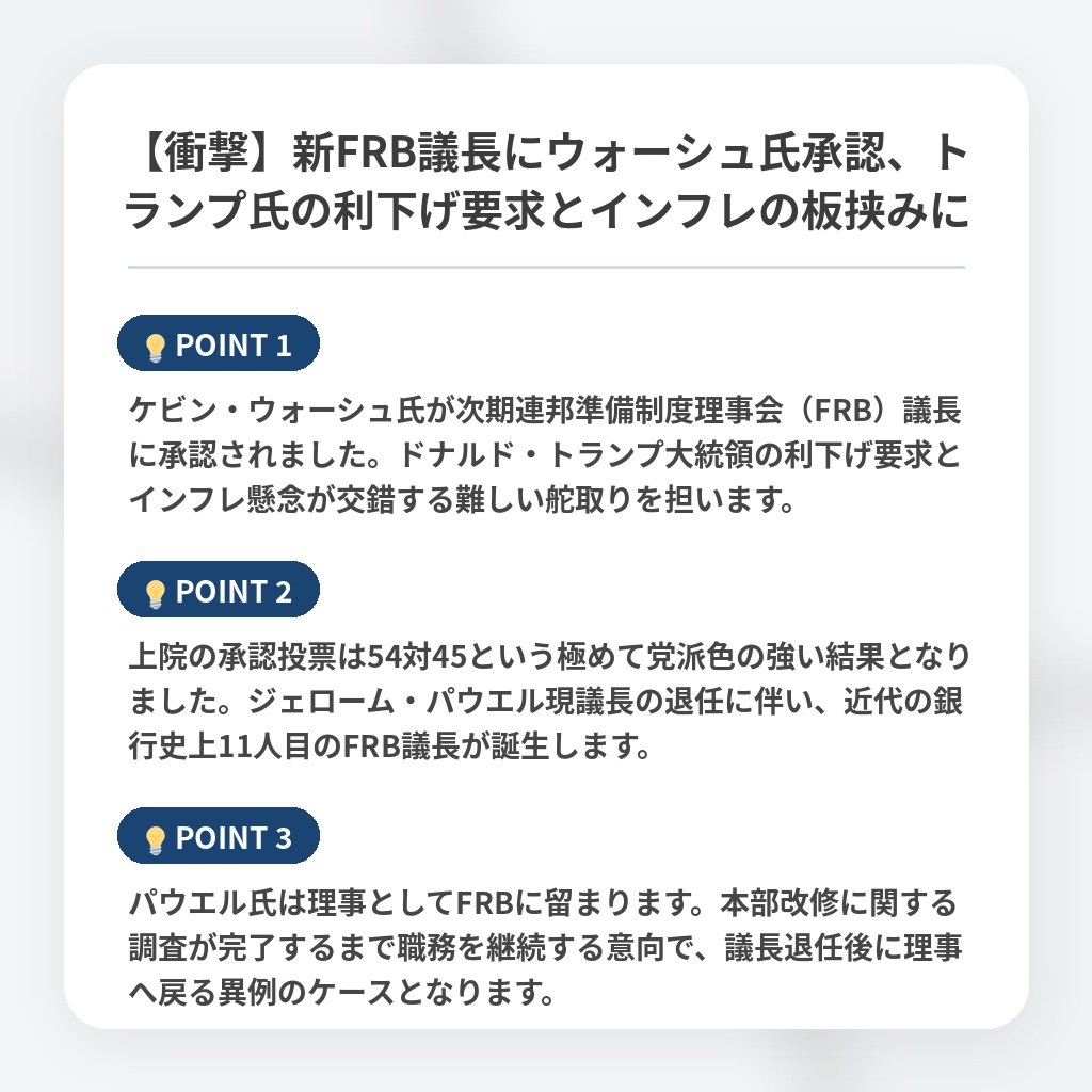 【衝撃】新FRB議長にウォーシュ氏承認、トランプ氏の利下げ要求とインフレの板挟みにの注目ポイントまとめ