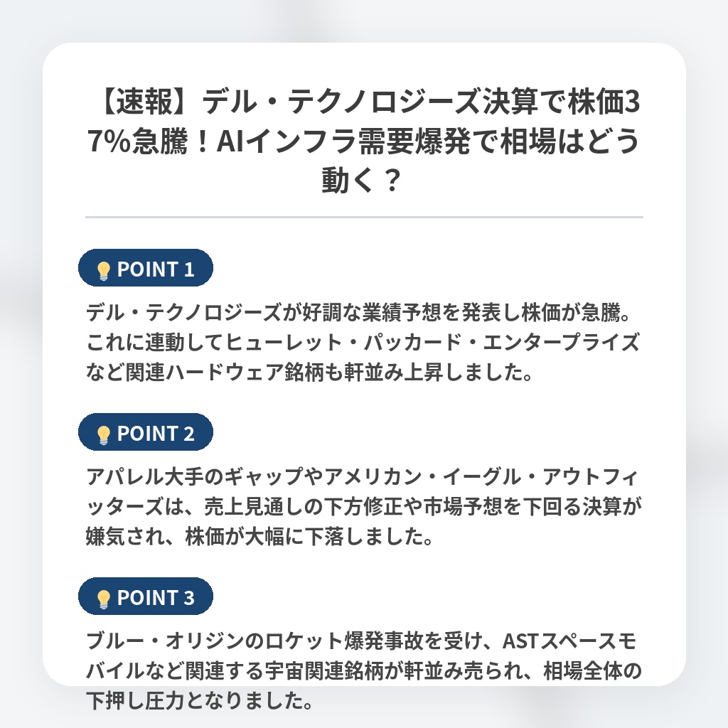 【速報】デル・テクノロジーズ決算で株価37%急騰!AIインフラ需要爆発で相場はどう動く?の注目ポイントまとめ