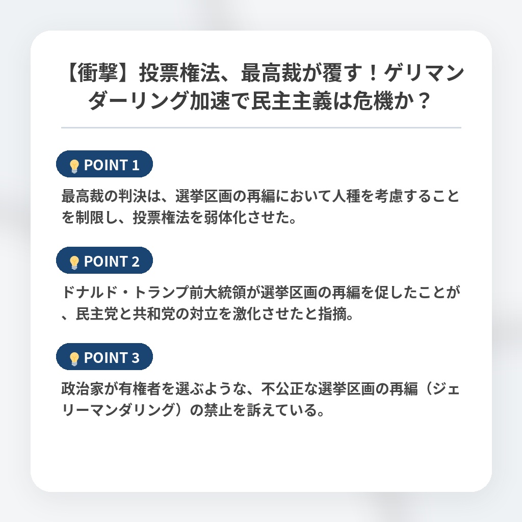 【衝撃】投票権法、最高裁が覆す！ゲリマンダーリング加速で民主主義は危機か？の注目ポイントまとめ