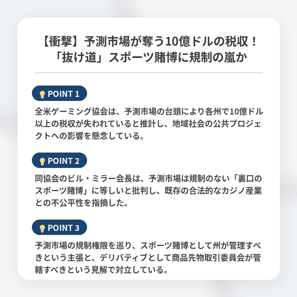 【衝撃】予測市場が奪う10億ドルの税収!「抜け道」スポーツ賭博に規制の嵐かの注目ポイントまとめ