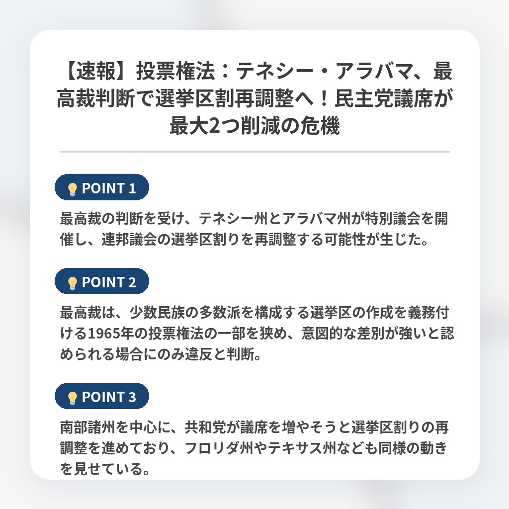 【速報】投票権法：テネシー・アラバマ、最高裁判断で選挙区割再調整へ！民主党議席が最大2つ削減の危機の注目ポイントまとめ