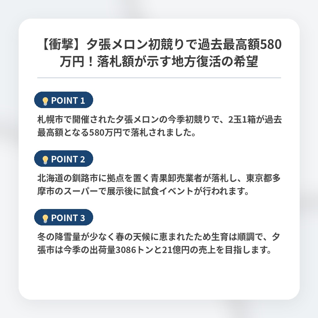 【衝撃】夕張メロン初競りで過去最高額580万円！落札額が示す地方復活の希望の注目ポイントまとめ