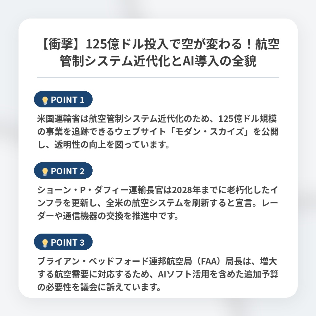 【衝撃】125億ドル投入で空が変わる！航空管制システム近代化とAI導入の全貌の注目ポイントまとめ