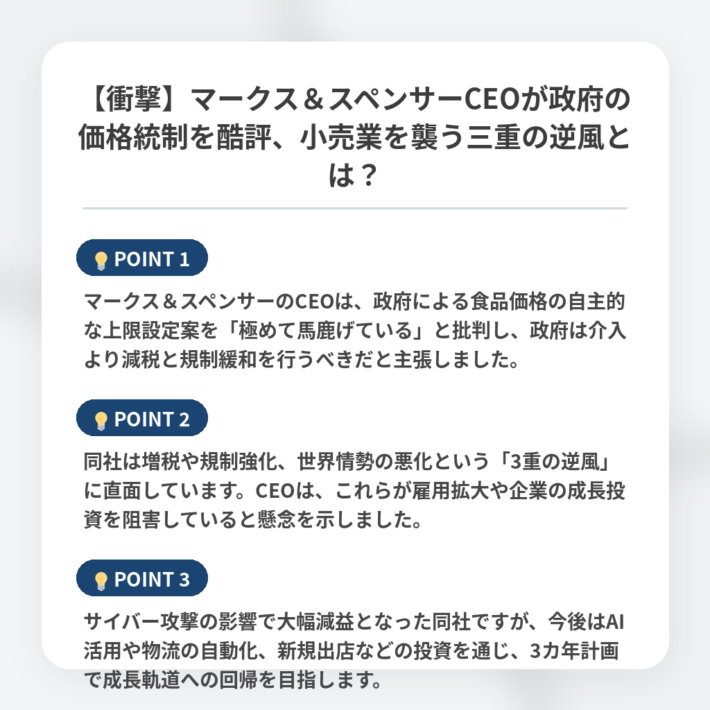 【衝撃】マークス＆スペンサーCEOが政府の価格統制を酷評、小売業を襲う三重の逆風とは？の注目ポイントまとめ