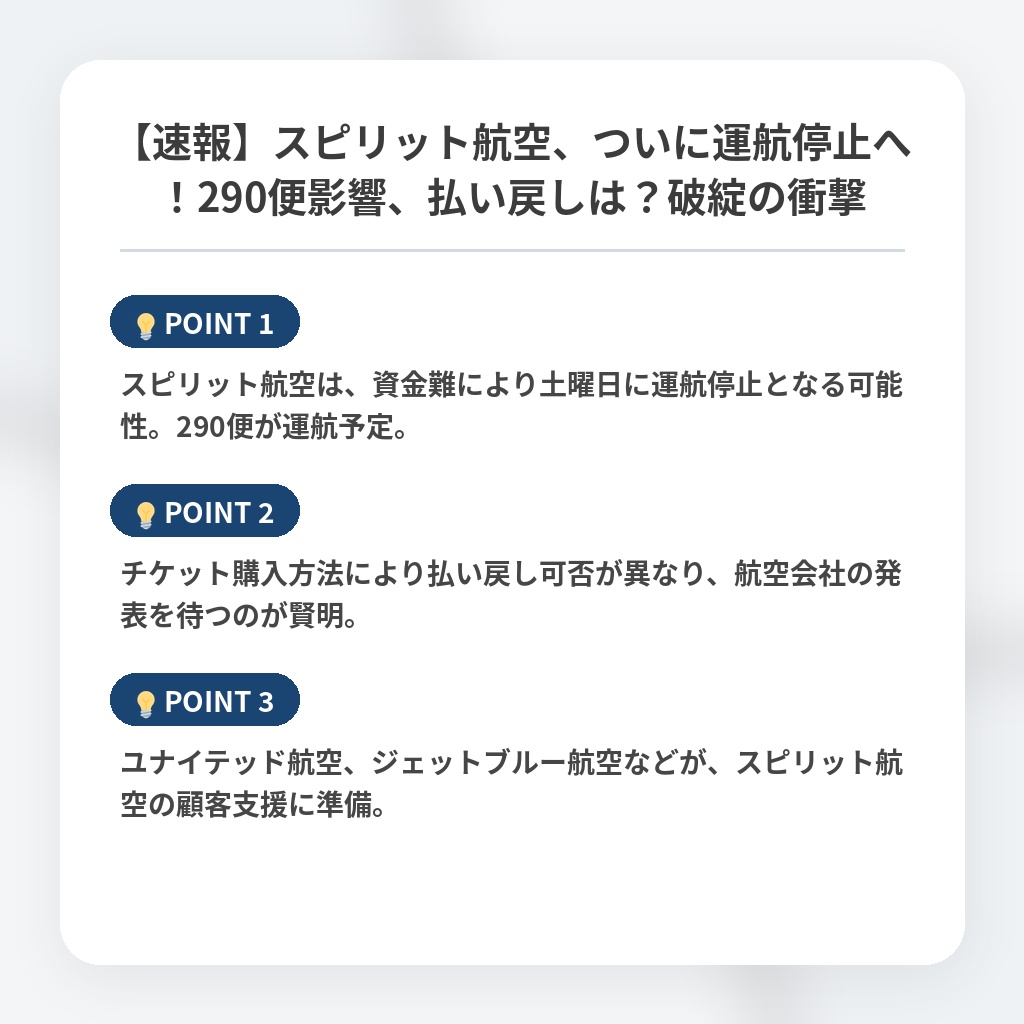【速報】スピリット航空、ついに運航停止へ！290便影響、払い戻しは？破綻の衝撃の注目ポイントまとめ