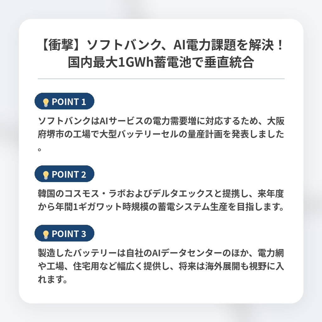 【衝撃】ソフトバンク、AI電力課題を解決！国内最大1GWh蓄電池で垂直統合の注目ポイントまとめ