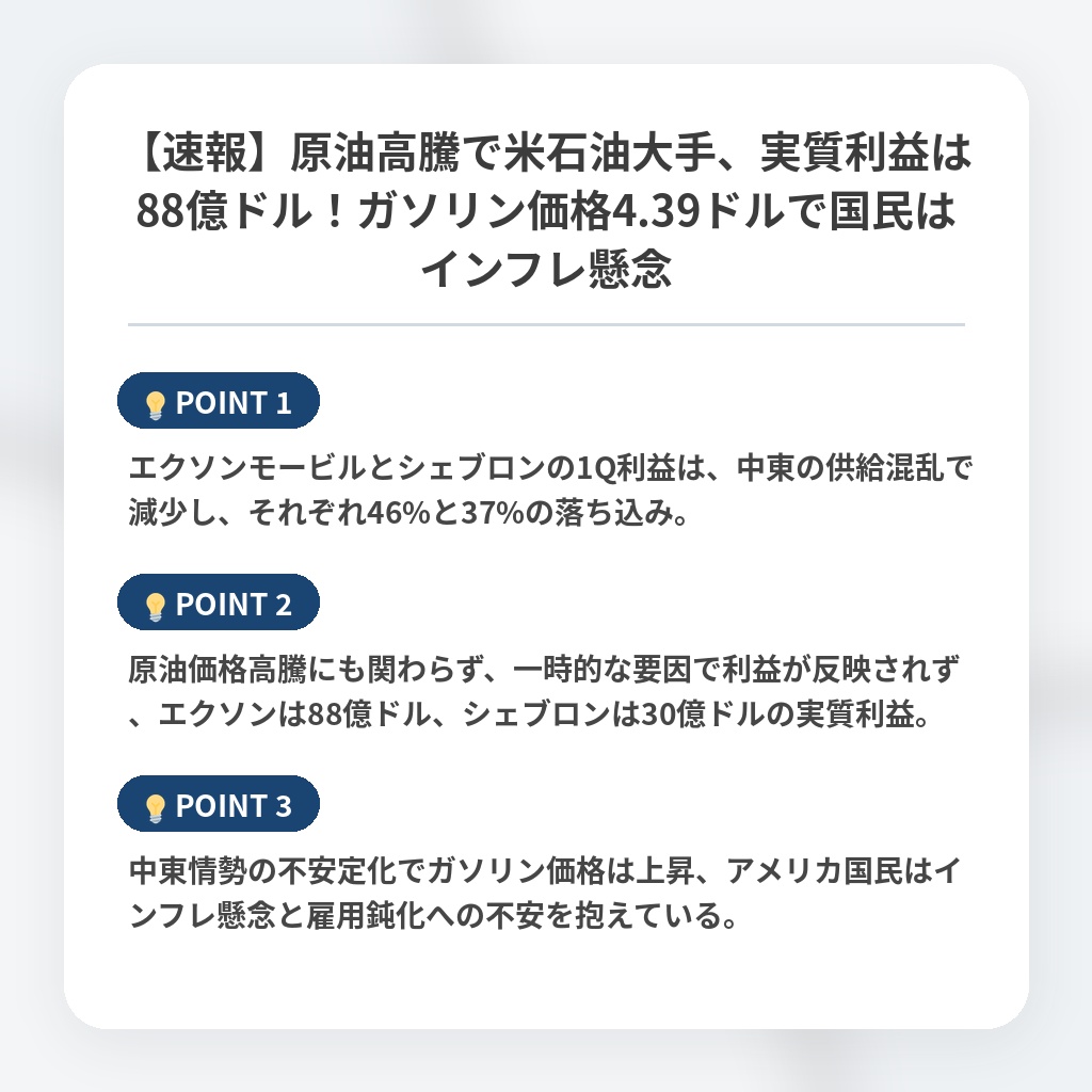【速報】原油高騰で米石油大手、実質利益は88億ドル！ガソリン価格4.39ドルで国民はインフレ懸念の注目ポイントまとめ