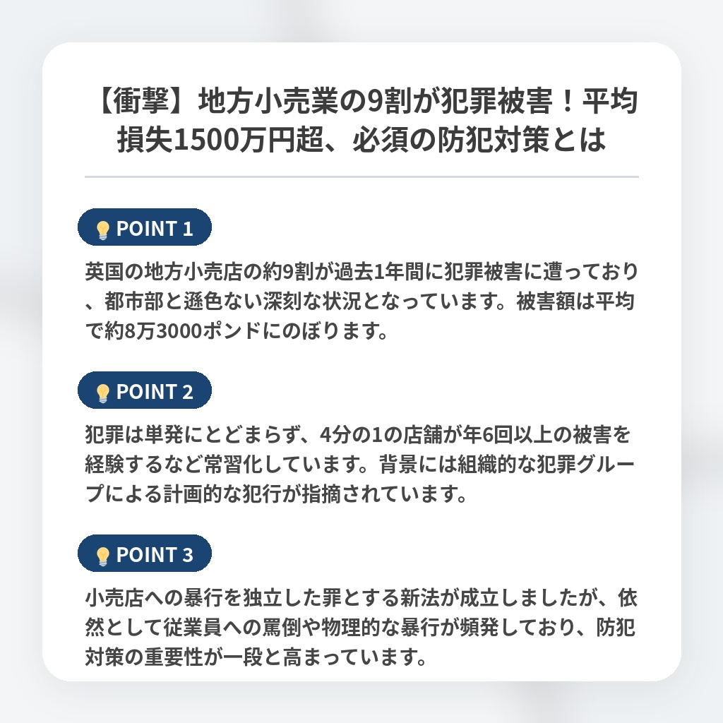 【衝撃】地方小売業の9割が犯罪被害！平均損失1500万円超、必須の防犯対策とはの注目ポイントまとめ