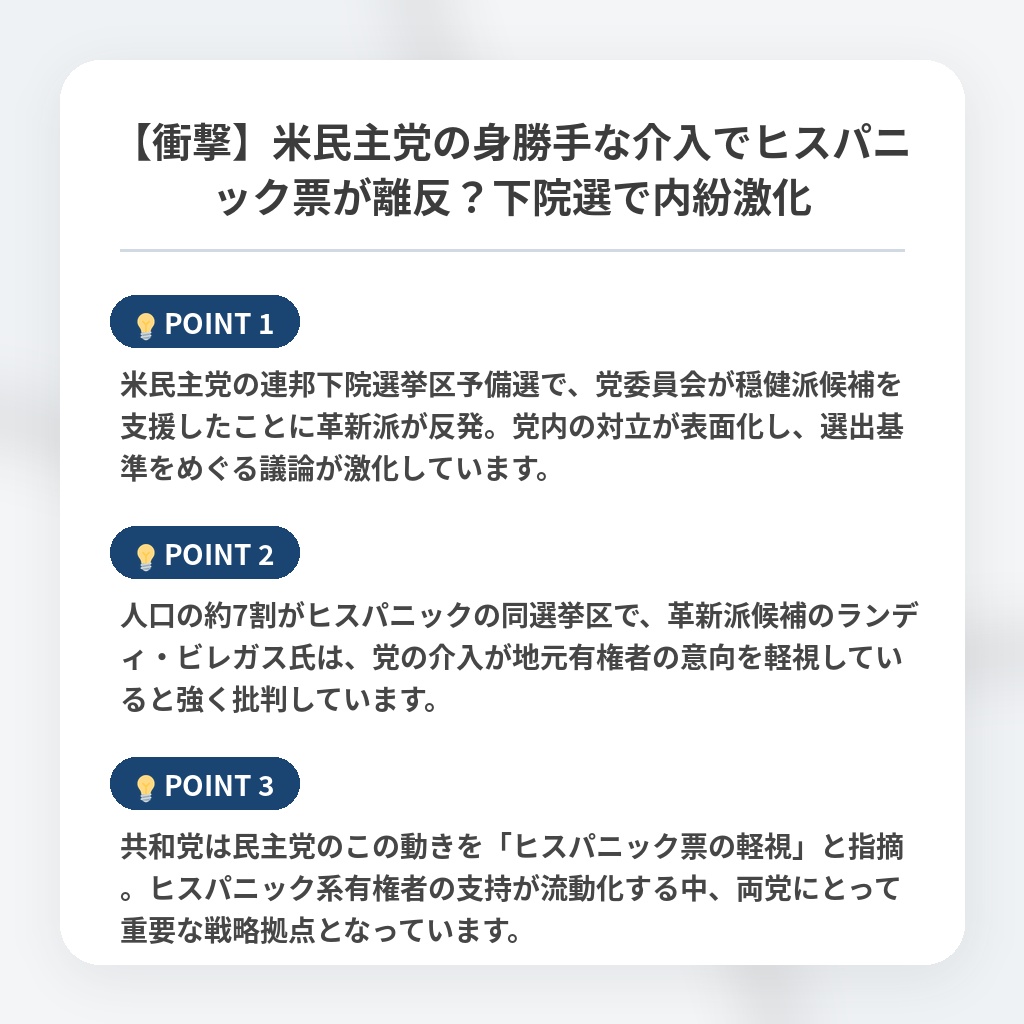 【衝撃】米民主党の身勝手な介入でヒスパニック票が離反？下院選で内紛激化の注目ポイントまとめ