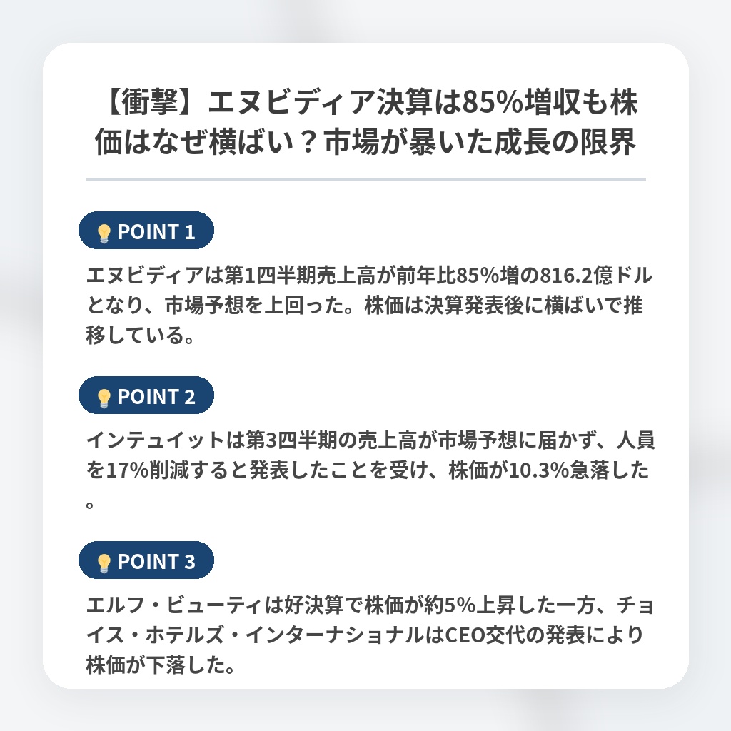 【衝撃】エヌビディア決算は85%増収も株価はなぜ横ばい?市場が暴いた成長の限界の注目ポイントまとめ