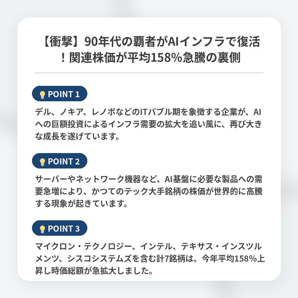 【衝撃】90年代の覇者がAIインフラで復活！関連株価が平均158％急騰の裏側の注目ポイントまとめ