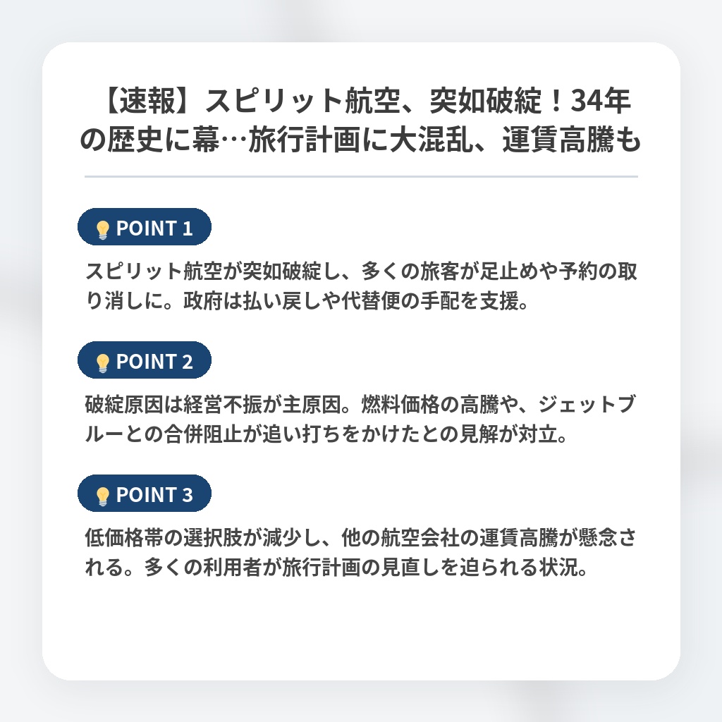 【速報】スピリット航空、突如破綻！34年の歴史に幕…旅行計画に大混乱、運賃高騰もの注目ポイントまとめ