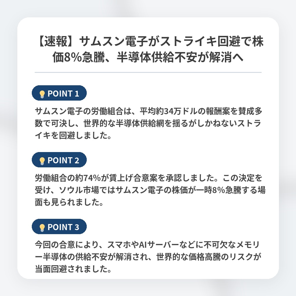 【速報】サムスン電子がストライキ回避で株価8%急騰、半導体供給不安が解消への注目ポイントまとめ