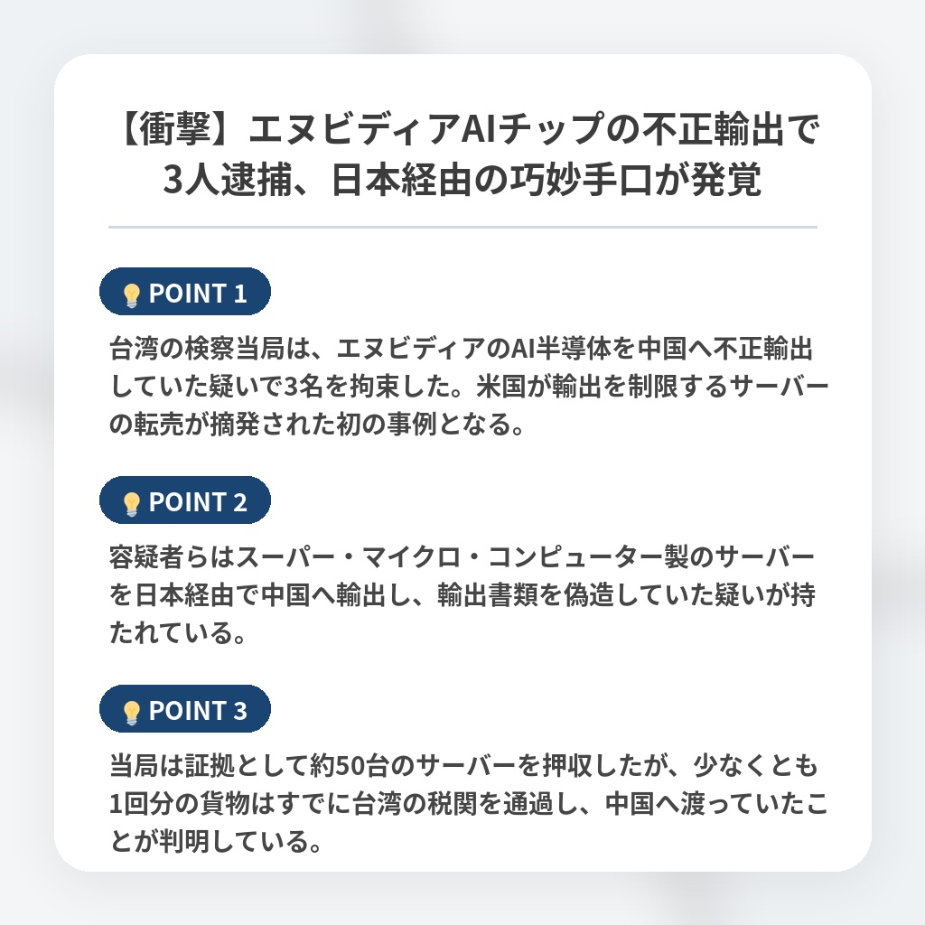 【衝撃】エヌビディアAIチップの不正輸出で3人逮捕、日本経由の巧妙手口が発覚の注目ポイントまとめ