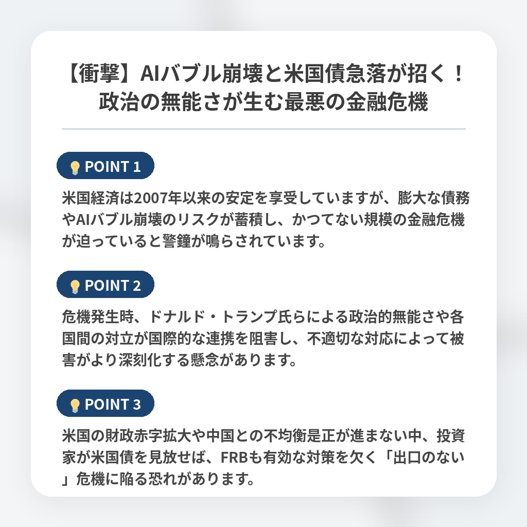 【衝撃】AIバブル崩壊と米国債急落が招く!政治の無能さが生む最悪の金融危機の注目ポイントまとめ