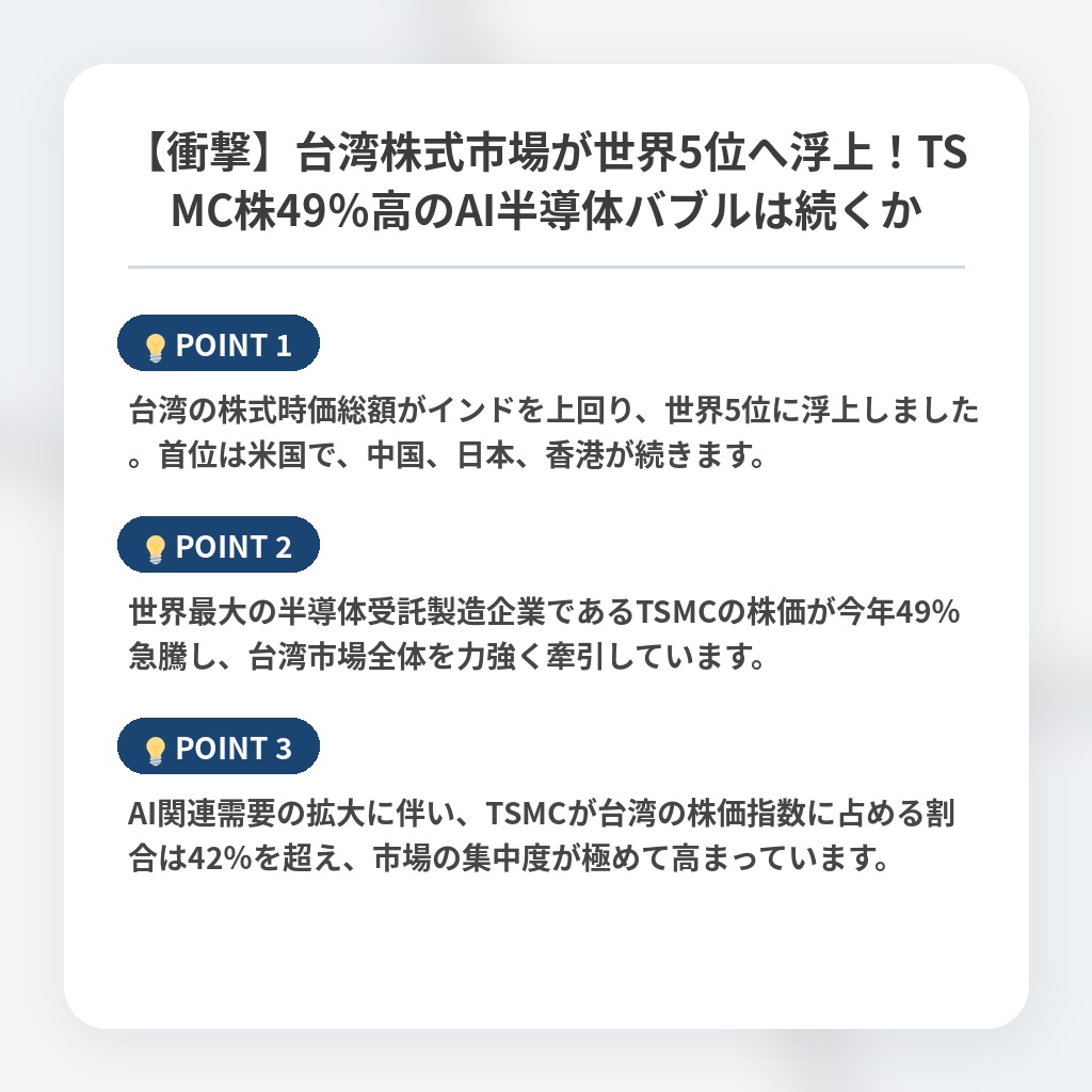 【衝撃】台湾株式市場が世界5位へ浮上！TSMC株49％高のAI半導体バブルは続くかの注目ポイントまとめ