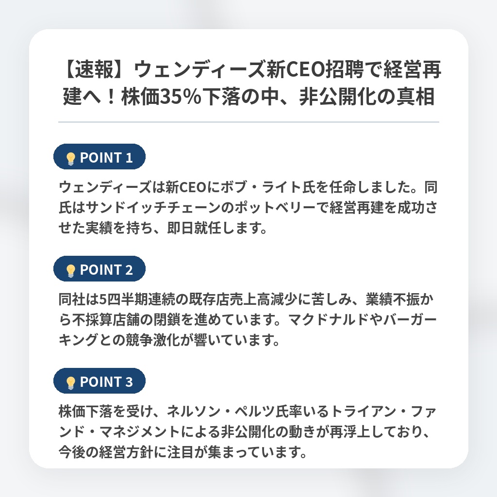 【速報】ウェンディーズ新CEO招聘で経営再建へ！株価35％下落の中、非公開化の真相の注目ポイントまとめ