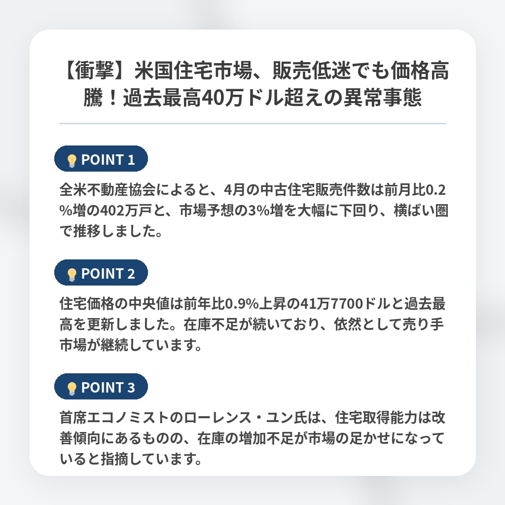 【衝撃】米国住宅市場、販売低迷でも価格高騰！過去最高40万ドル超えの異常事態の注目ポイントまとめ