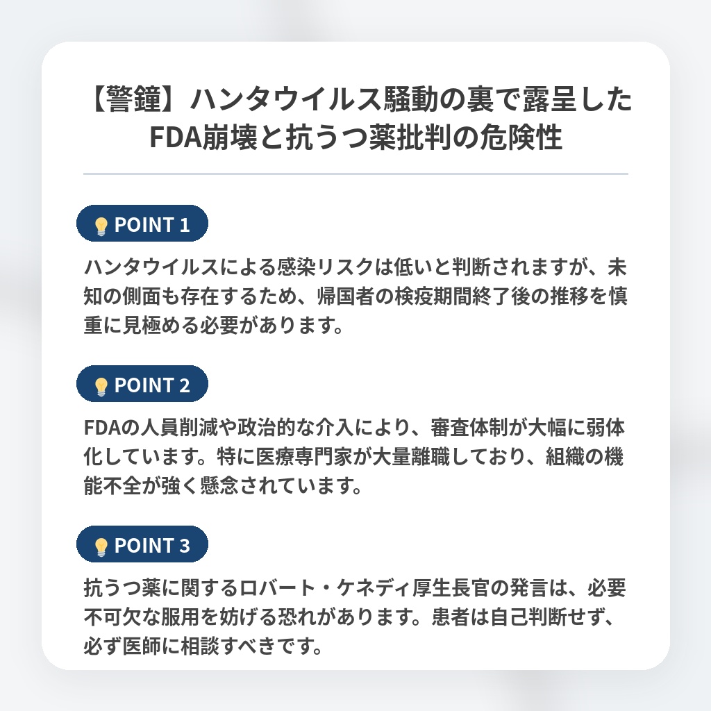 【警鐘】ハンタウイルス騒動の裏で露呈したFDA崩壊と抗うつ薬批判の危険性の注目ポイントまとめ